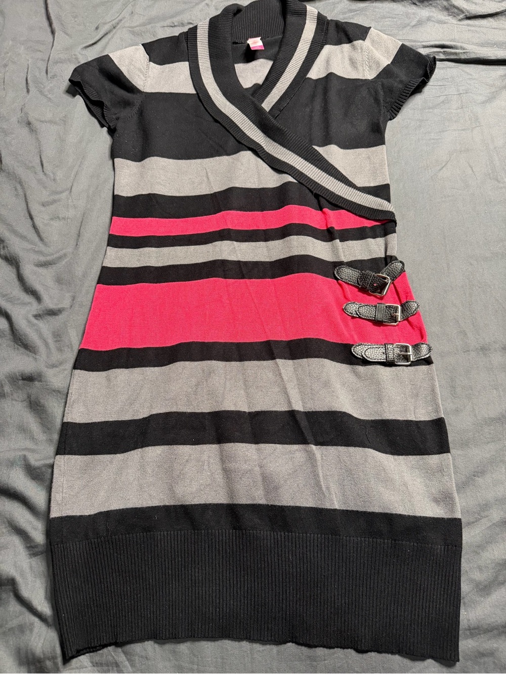 No Boundaries Black, Gray & Pink Striped Wrap-Style Mini Dress